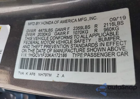 2019 Honda Accord Sport from USA, damaged, VIN 1HGCV1F33KA172186